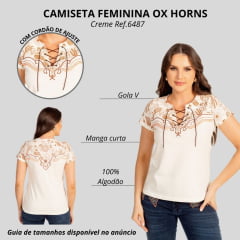 Camiseta Feminina Ox Horns T-Shirt Creme Manga Curta Decote Cordão Ref:6487