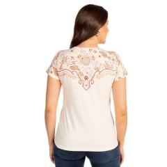 Camiseta Feminina Ox Horns T-Shirt Creme Manga Curta Decote Cordão Ref:6487