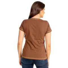 Camiseta Feminina Ox Horns T-Shirt Marrom Manga Curta Estampada Ref:6481