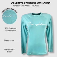 Camiseta feminina Ox Horns Verde Piscina Manga Longa Com Proteção UV e Logo Branco Ref.7522