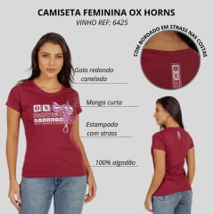 Camiseta Feminina Ox Horns Vinho Manga Curta Com Desenho De Cela Rodeio Western Ref:6425