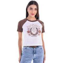 Camiseta Feminina Ox Horns Raglan Manga Curta Creme/Marrom Bordado Flores E Brilho Ref: 6536