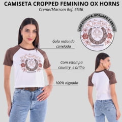 Camiseta Feminina Ox Horns Raglan Manga Curta Creme/Marrom Bordado Flores E Brilho Ref: 6536