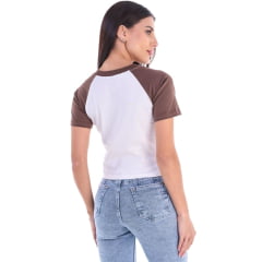 Camiseta Feminina Ox Horns Raglan Manga Curta Creme/Marrom Bordado Flores E Brilho Ref: 6536