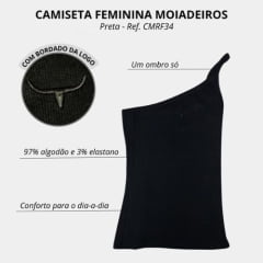 Camiseta Feminina Regata Os Moiadeiros Preta 1 Ombro só (Nula Manga) Logo Bordada - REF: CMRF34