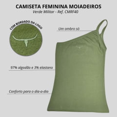 Camiseta Feminina Regata Os Moiadeiros Verde Militar 1 Ombro Só (Nula Manga) Logo Bordada - REF:CMRF40