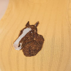 Regata Feminina Zenz Western Country Road Tecido Canelado Bege Escuro Bordado Cavalo Strass REF:ZW0126025-1653