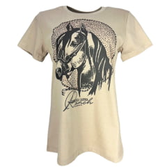 Camiseta Feminina Republica Caipira Bege Manga Curta Com Desenho De Cavalo e Brilho