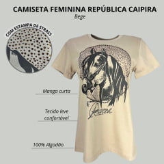 Camiseta Feminina Republica Caipira Bege Manga Curta Com Desenho De Cavalo e Brilho