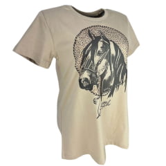 Camiseta Feminina Republica Caipira Bege Manga Curta Com Desenho De Cavalo e Brilho