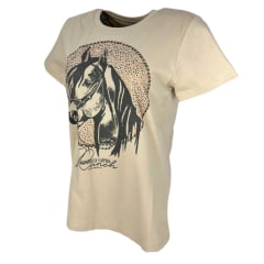 Camiseta Feminina Republica Caipira Bege Manga Curta Com Desenho De Cavalo e Brilho