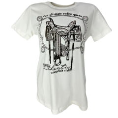 Camiseta Feminina Republica Caipira Branca Manga Curta Com Desenho De Sela E Brilho