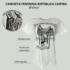 Camiseta Feminina Republica Caipira Branca Manga Curta Com Desenho De Sela E Brilho