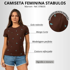 Camiseta Feminina Stabulos TShirt Manga Curta Café Com Bordado Horses Azul Turqusa Ref:STB635