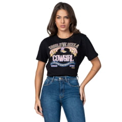 Camiseta Feminina Stabulos TShirt Manga Curta Preta Ampla Estampado Cowgirl Rosa Dourado Ref:STB 584A
