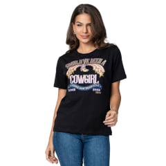 Camiseta Feminina Stabulos TShirt Manga Curta Preta Ampla Estampado Cowgirl Rosa Dourado Ref:STB 584A