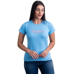 Camiseta Feminina Texas Farm Azul BB Babylook Manga Curta Com Logo Rosa BB REF: CF292