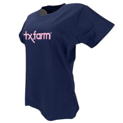 Camiseta Feminina Texas Farm Azul Com Logo Rosa Ref: CF129