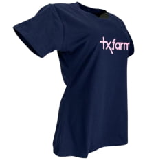 Camiseta Feminina Texas Farm Azul Com Logo Rosa Ref: CF129