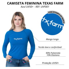 Camiseta Feminina Texas Farm Azul Profundo UV50+ Manga Longa C/Logo Branco REF: UVF001