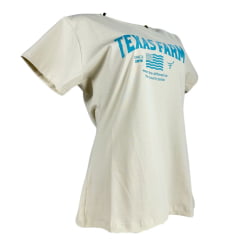 Camiseta Feminina Texas Farm Baby Look Bege Manga Curta Com Logo Estampado Azul Claro Ref:CF340