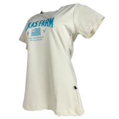 Camiseta Feminina Texas Farm Baby Look Bege Manga Curta Com Logo Estampado Azul Claro Ref:CF340