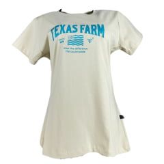 Camiseta Feminina Texas Farm Baby Look Bege Manga Curta Com Logo Estampado Azul Claro Ref:CF340