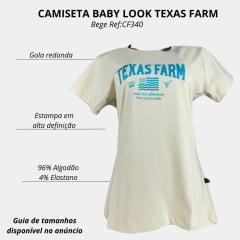Camiseta Feminina Texas Farm Baby Look Bege Manga Curta Com Logo Estampado Azul Claro Ref:CF340