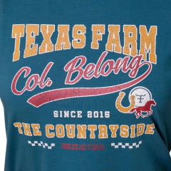 Camiseta Feminina Texas Farm Baby Look Belonging Manga Curta Azul Petróleo Estampa Ref:CF369