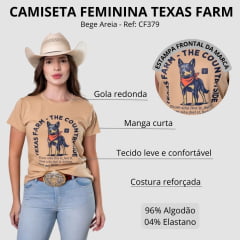 Camiseta Feminina Texas Farm Baby Look Heeler Manga Curta Bege Areia Estampada Ref:CF379