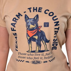 Camiseta Feminina Texas Farm Baby Look Heeler Manga Curta Bege Areia Estampada Ref:CF379
