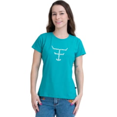 Camiseta Feminina Texas Farm Baby Look Manga Curta Azul Claro Logo Flores Ref:CF268