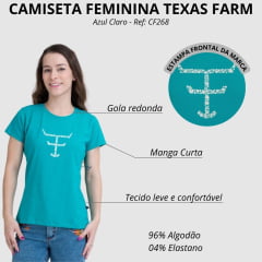 Camiseta Feminina Texas Farm Baby Look Manga Curta Azul Claro Logo Flores Ref:CF268