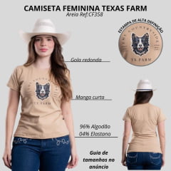 Camiseta Feminina Texas Farm Baby Look Manga Curta Bege Areia Estampada Cabeça De Cachorro Ref:CF358