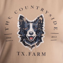 Camiseta Feminina Texas Farm Baby Look Manga Curta Bege Areia Estampada Cabeça De Cachorro Ref:CF358
