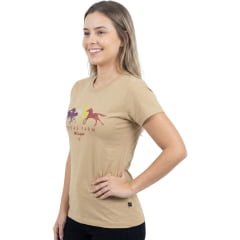 Camiseta Feminina Texas Farm Baby Look Bege Areia Cavalos Logo Roxo - Ref:CF069