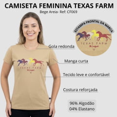 Camiseta Feminina Texas Farm Baby Look Bege Areia Cavalos Logo Roxo - Ref:CF069
