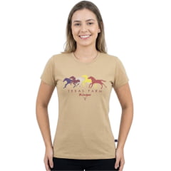 Camiseta Feminina Texas Farm Baby Look Bege Areia Cavalos Logo Roxo - Ref:CF069