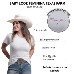 Camiseta Feminina Texas Farm Baby Look Manga Curta Bege Com Logo Rosa Estampado Ref:CF334
