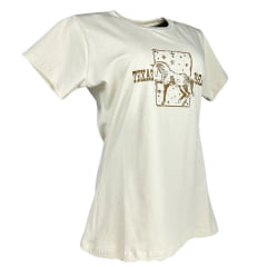 Camiseta Feminina Texas Farm Baby Look Manga Curta Bege Estampado Cavalo E Logo Em Dourado Ref: CF328