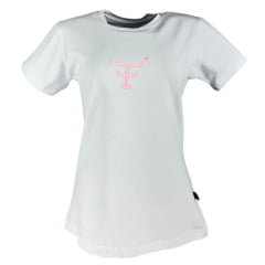 Camiseta Feminina Texas Farm Baby Look Manga Curta Branco Com Logo Aplicado Rosa Neon Ref:CF322