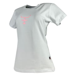 Camiseta Feminina Texas Farm Baby Look Manga Curta Branco Com Logo Aplicado Rosa Neon Ref:CF322