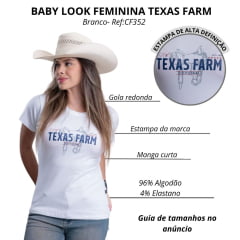 Camiseta Feminina Texas Farm Baby Look Manga Curta Branco Estampada Em Azul E Vermelho Ref:CF352