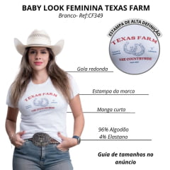 Camiseta Feminina Texas Farm Baby Look Manga Curta Branco Estampada Em Vermelho E Azul Ref:CF349