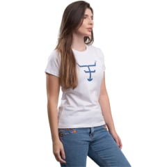 Camiseta Feminina Texas Farm Baby Look Manga Curta Branco Logo Azul Ref:CF354