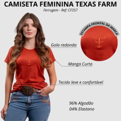 Camiseta Feminina Texas Farm Baby Look Manga Curta Ferrugem com Logo Ref:CF357