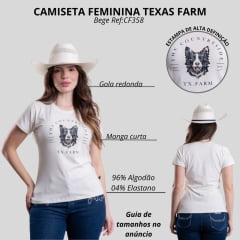Camiseta Feminina Texas Farm Baby Look Manga Curta Off White Estampada Cabeça De Cachorro Ref:CF358