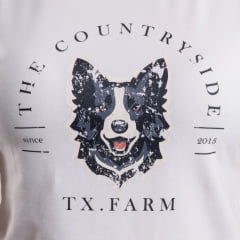 Camiseta Feminina Texas Farm Baby Look Manga Curta Off White Estampada Cabeça De Cachorro Ref:CF358