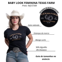 Camiseta Feminina Texas Farm Baby Look Manga Curta Preto Estampa Dourado E Branco Ref:CF349