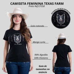 Camiseta Feminina Texas Farm Baby Look Manga Curta Preto Estampada Cabeça De Cachorro Ref:CF358